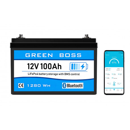 LiFePO4 baterie 12V 100Ah s bluetooth GREEN BOSS BLUE