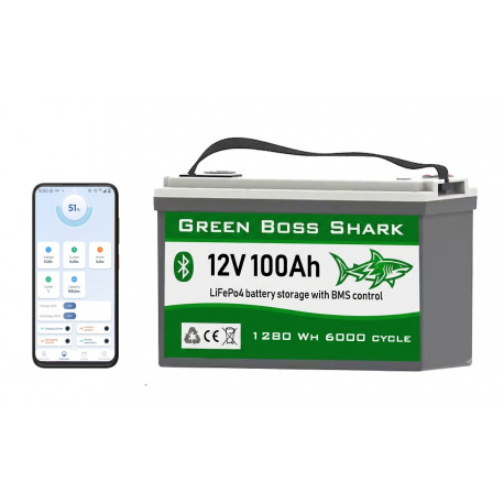 LiFePo4 baterie pro rybáře Green Boss SHARK 12V 100Ah LCD, bluetooth
